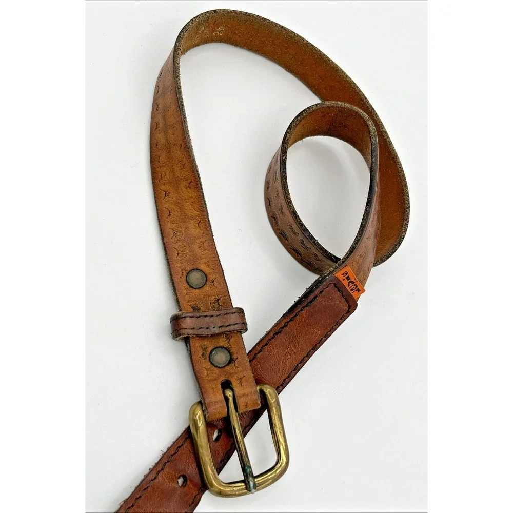 Vtg Levi's Brown Tooled Leather Belt Size 26 Western Style Solid Brass Buckle
